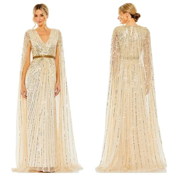 Mac Duggal Sequined V-Neck Gown Maxi Dress Cape Sleeves Nude Size 14W NWT - Picture 1 of 11